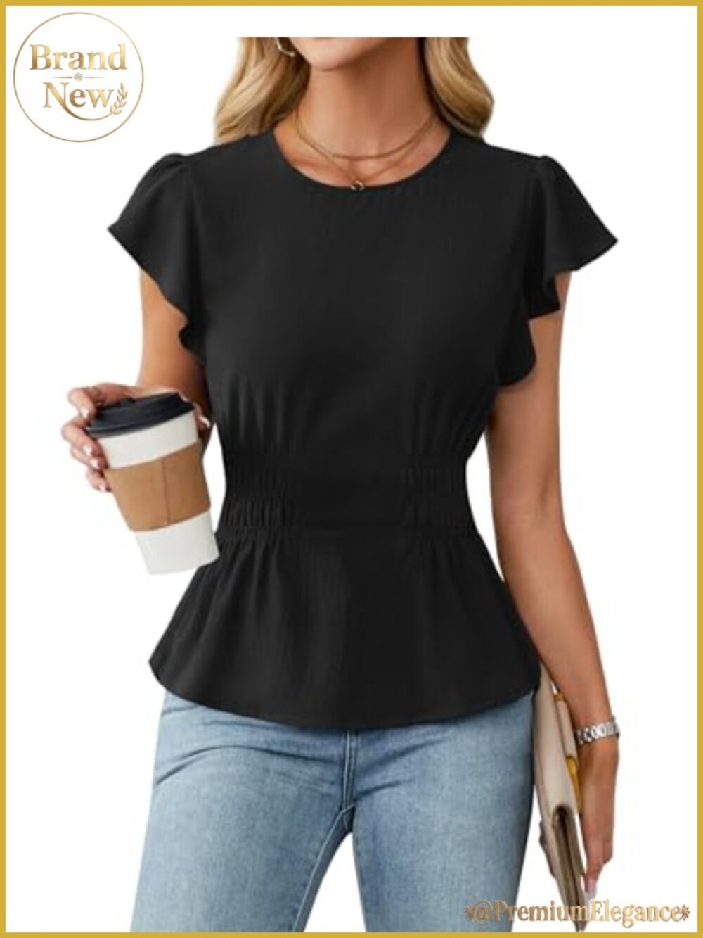 Women's Peplum Top Smocked Waist Ruffle Short Sleeve Business Casual Blouse